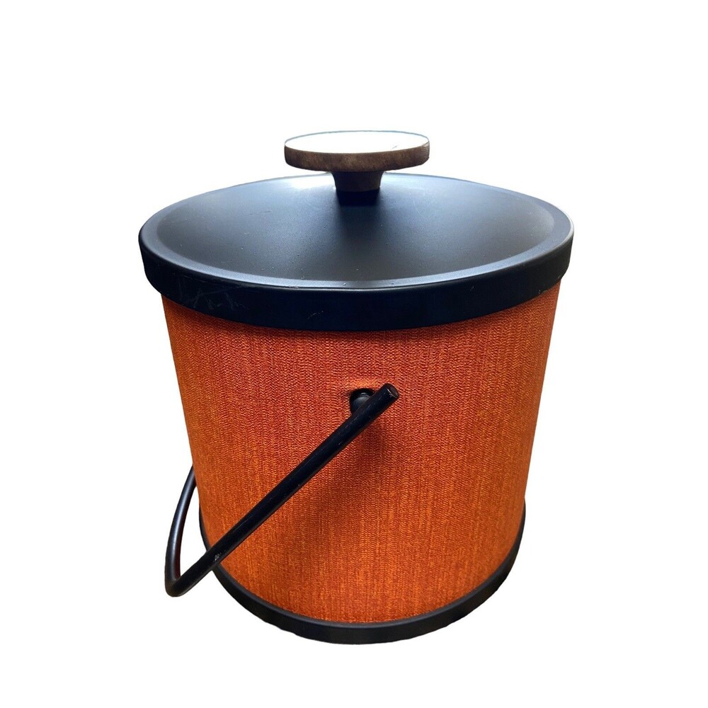 Vintage ORANGE Mid Century Metal Cocktail Bar Ice Bucket w/ Tongs Rare NICE